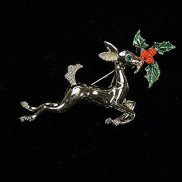 Leaping Christmas Deer Pin with Holly Sprig