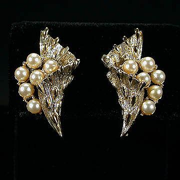 Coro Goldtone and Faux Pearl Lily Earrings