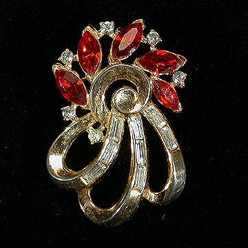 Older Small Trifari Brooch - Red and Clear