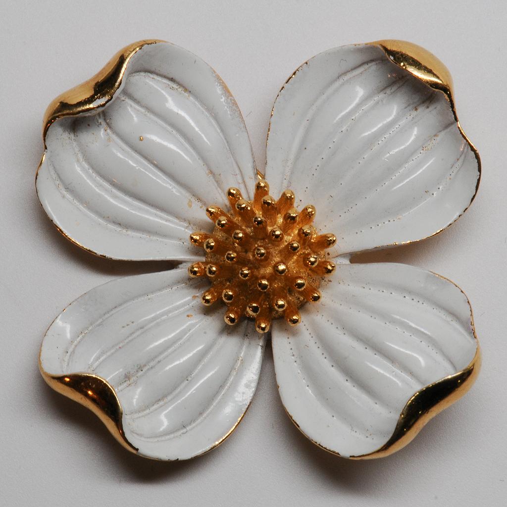 Large Vintage Trifari White Enamel Dogwood Pin Brooch