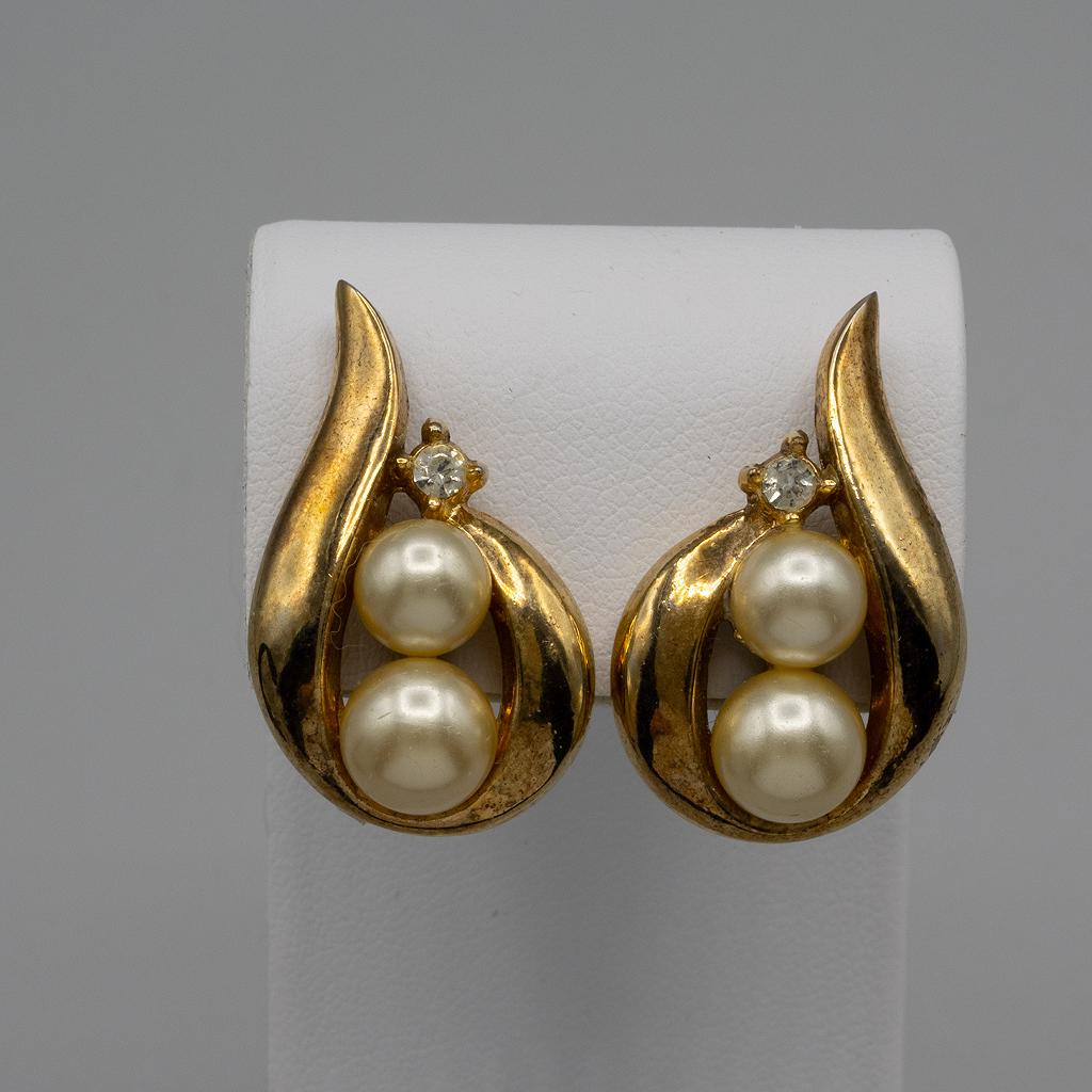 Vintage Trifari Golden Swirl Faux Pearl Clip Earrings