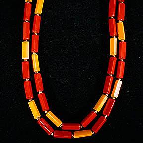 Butterscotch and Red Plastic Triangle Long Beads