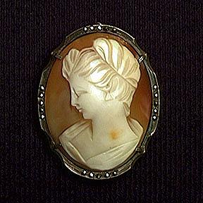 Shell Cameo Pin Pendant with Marcasites in Frame
