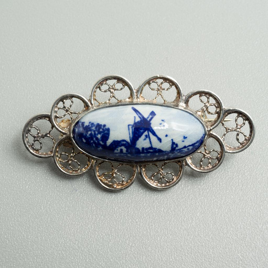 Delft or Delft Style Windmill Silver Filigree Pin