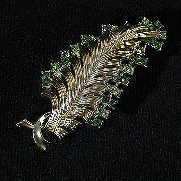 Bold Coro Green Rhinestone Fern or Leaf Pin Brooch