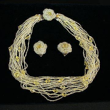 Extremely Feminine Tiny Yellow Glass Seed Bead Necklace and Earrings.