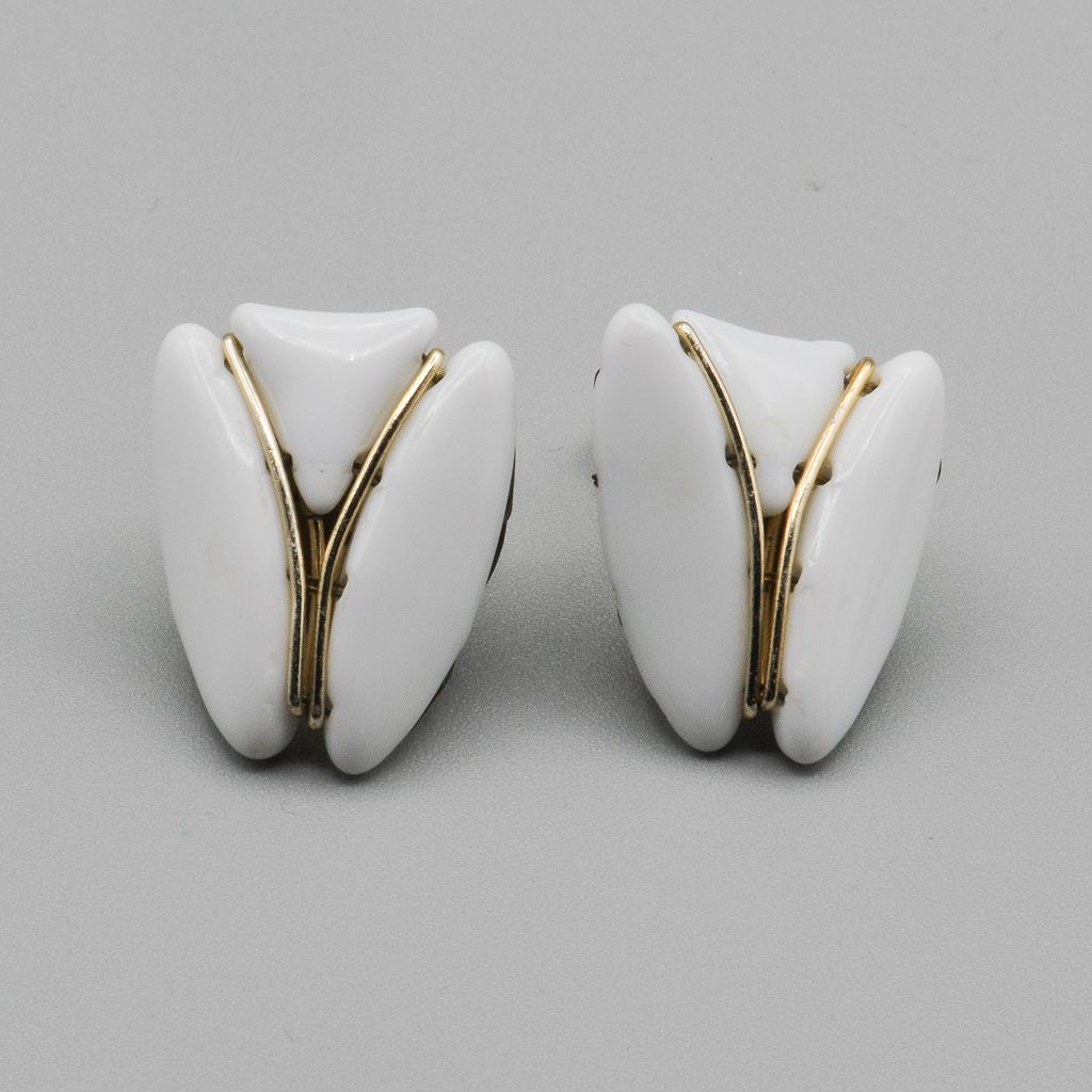 Large Geometric White Glass Bead Clip Earrings