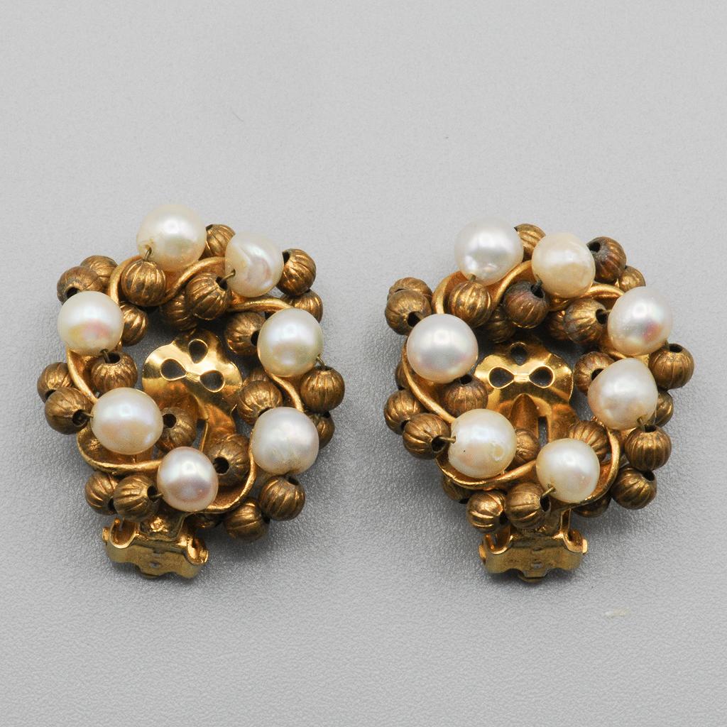 Hattie Carnegie Gold Bead & Pearl Wreath Earrings