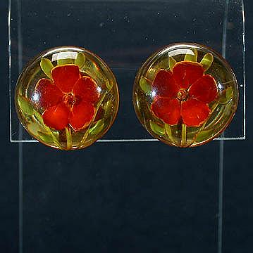 Vintage Earrings - Red Flowers in Lucite