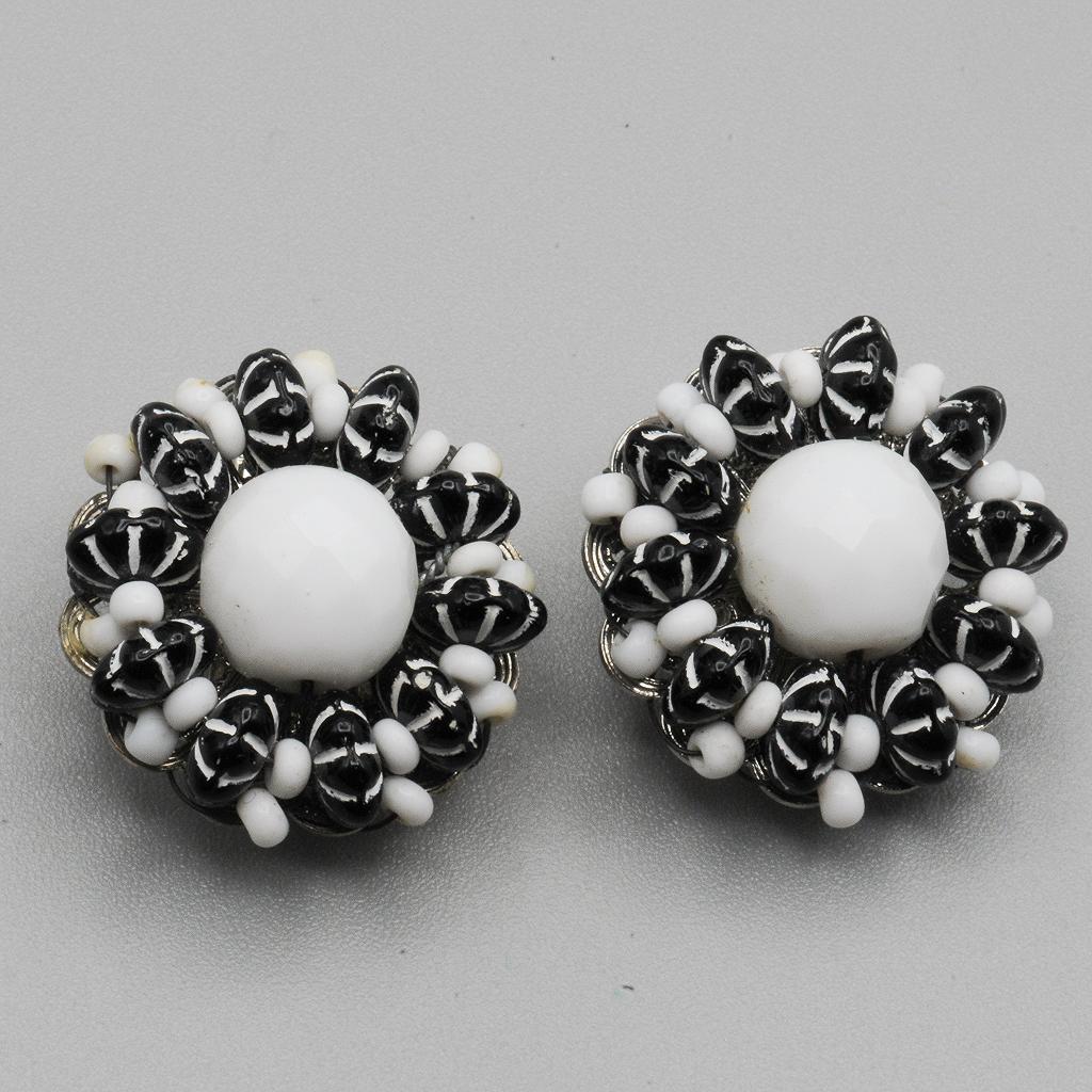 Hobe Black and White Beaded Clip Earrings