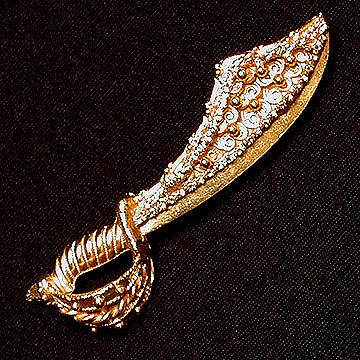Unusual Embellished Goldtone Scimitar or Sword Pin Brooch