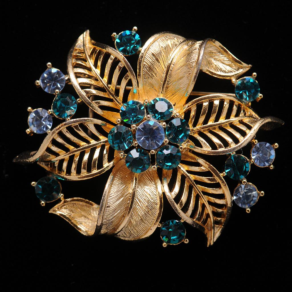 Glitzy Lisner Floral Pin Brooch - Teal and Powder Blue Stones