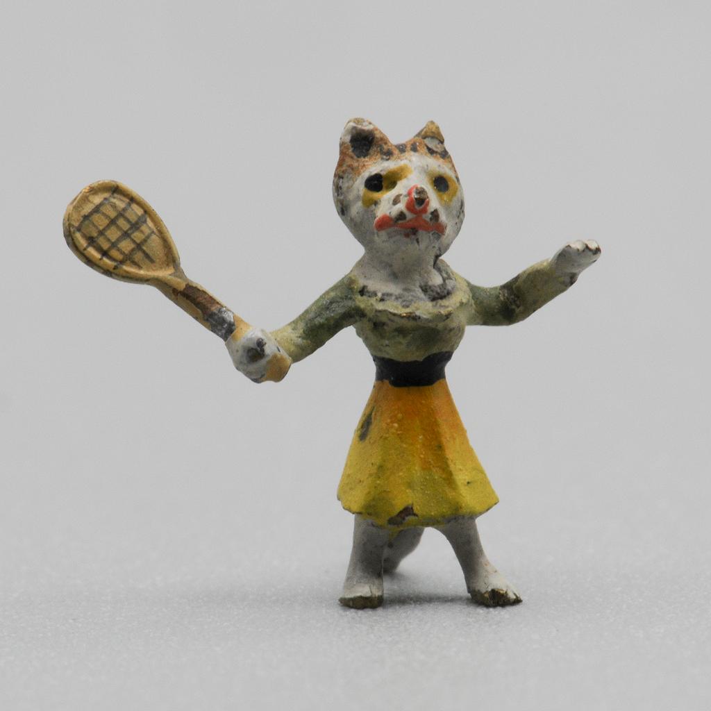 Tiny Cold-Painted Austrian Vienna Bronze Cat Playing Tennis