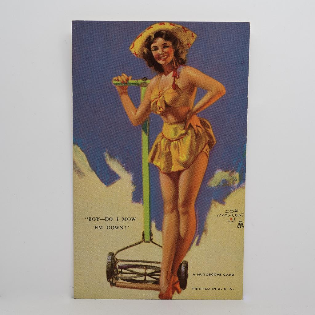 Mutoscope Pin Up Card - 1940s -  Boy Do I Mow Em Down - Zoe Mozert
