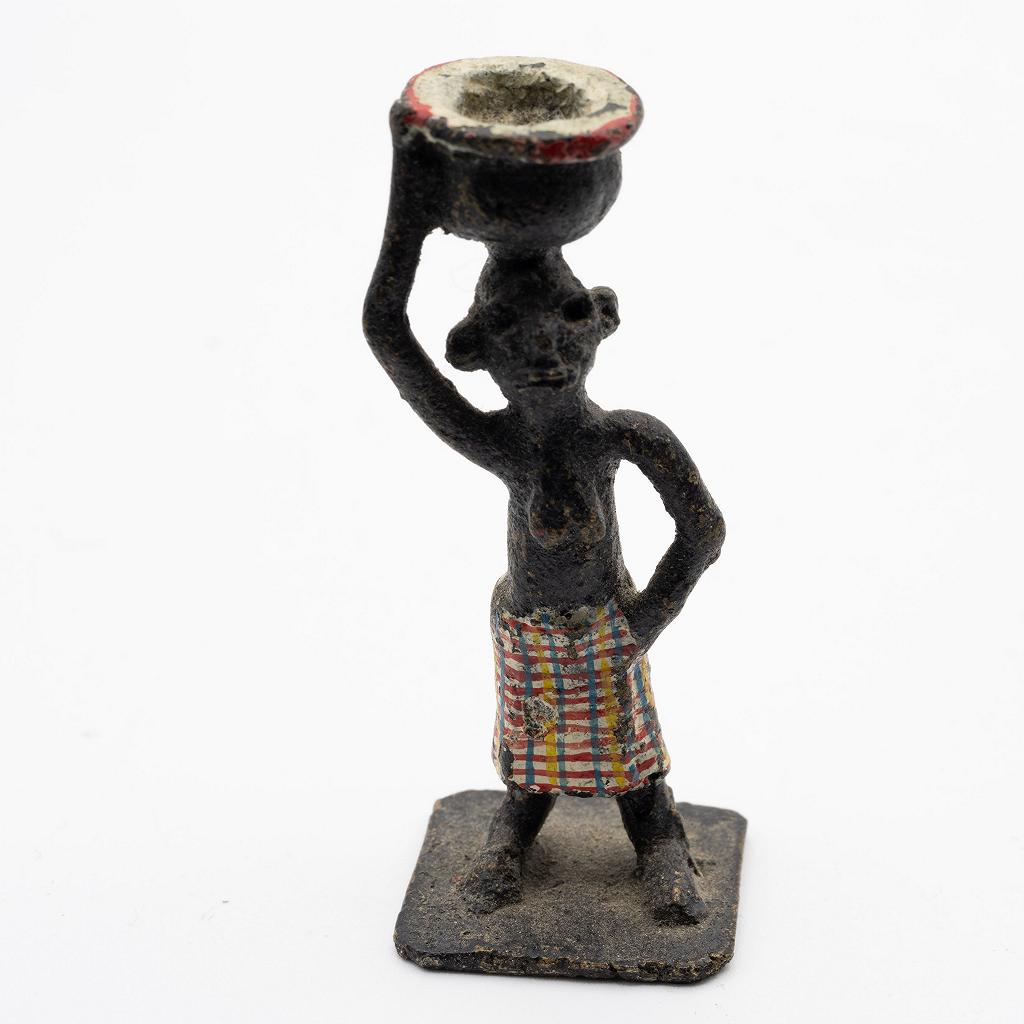 African Akan Ashanti Metal Figurine of Woman with Bowl on Head Ethnographic Folk Art