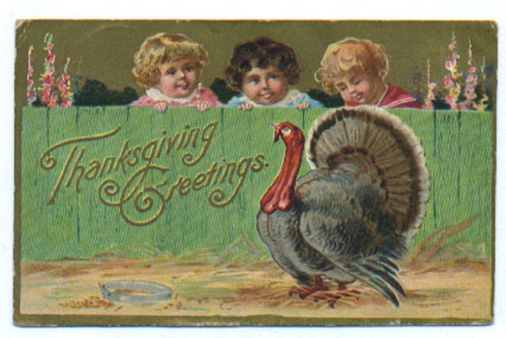 Thanksgiving Postcard - Three Chlidren and a Turkey