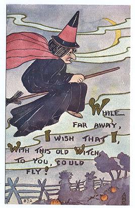 Halloween Postcard - Witch on Broom Flying over Pumpkin Fields