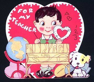 Vintage Valentine Card for Teacher with Boy and Desk