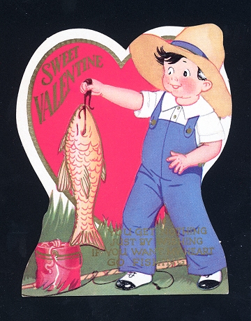 Vintage Valentine Card  - Boy Holding Fish