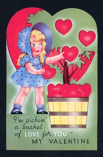 Vintage Valentine Card - Girl Picking Hearts