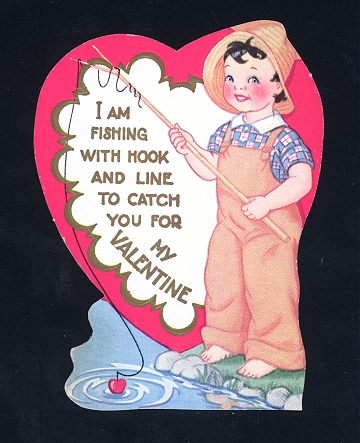 Vintage Valentine Card  - Boy Fishing