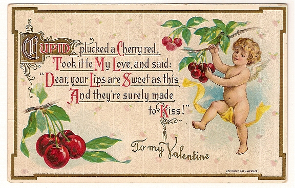 Vintage Wessler Valentine Postcard with Cupid and Cherries