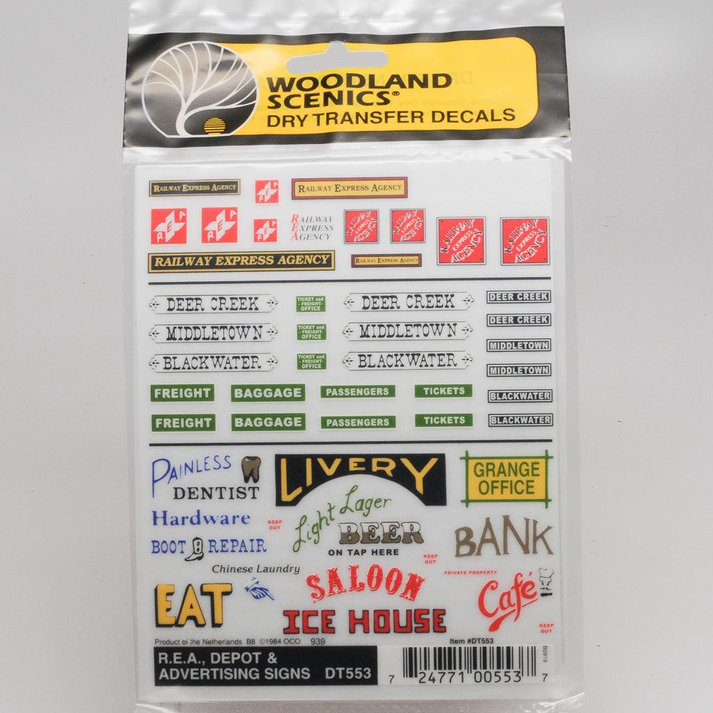 Woodland Scenics Dry Transfer Decals R.E.A., Depot and Advertising Signs