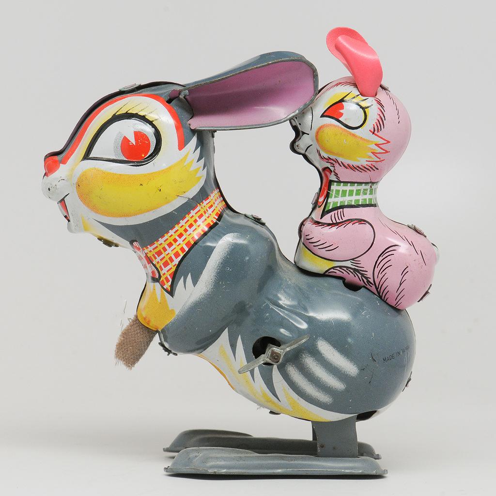 Wind Up Tin Hopping Rabbit with Baby Bunny, Japan