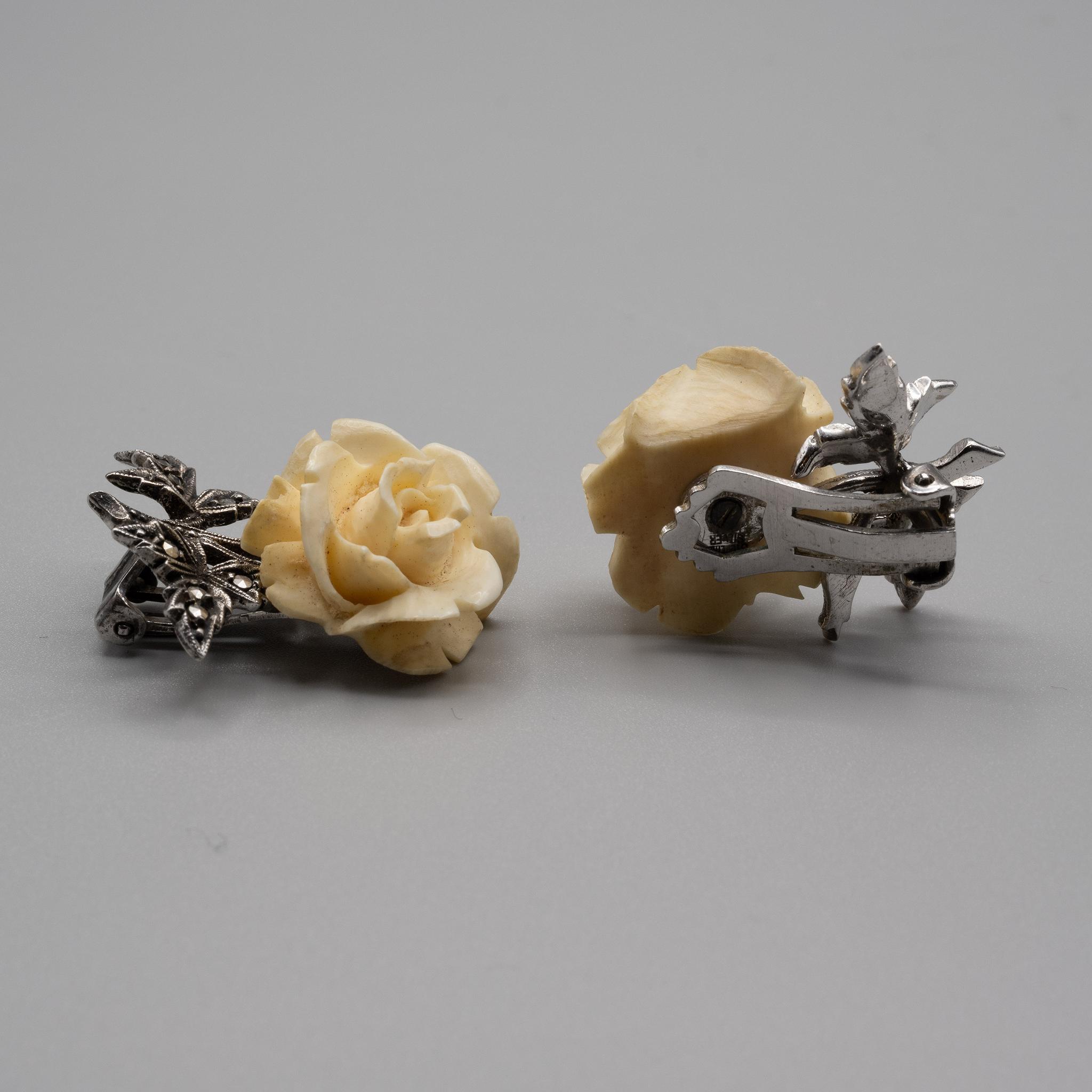 Germany+Sterling+Silver+Marcasite+Bovine+Bone+Rose+Clip+Earrings picture 2