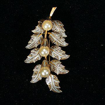 Cascading+Pin+or+Brooch+-+Damascene+Leaves+with+Faux+Pearls picture 1