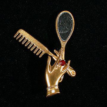 Vintage+Pin+or+Brooch+-+Jeweled+Hand+Holding+Mirror+and+Comb picture 1