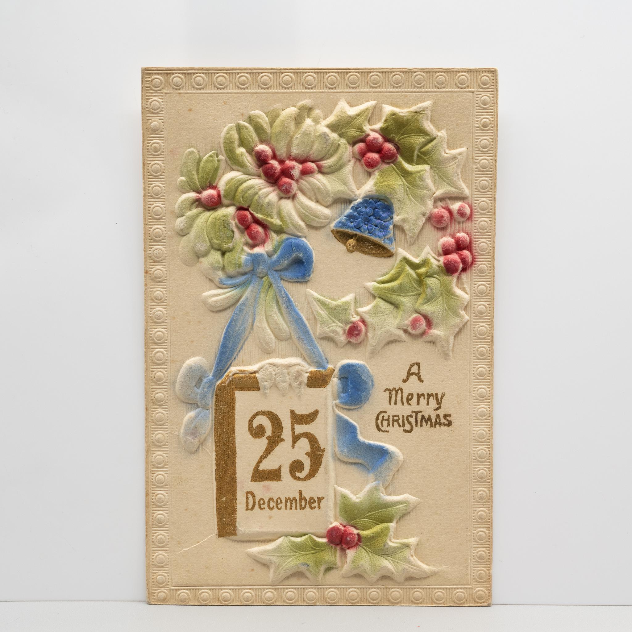 Antique+Christmas+Postcard+Deeply+Embossed+Bells+and+Holly picture 1