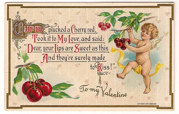 Vintage+Wessler+Valentine+Postcard+with+Cupid+and+Cherries picture 1