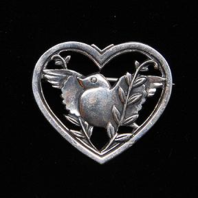 Sterling Silver Bird in Heart Pin Brooch