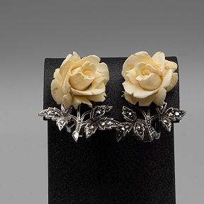 Germany Sterling Silver Marcasite Bovine Bone Rose Clip Earrings