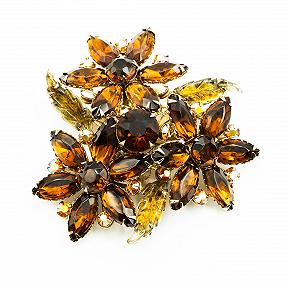 Unsigned Glitzy Three Flower Bouquet Topaz Rhinestone Brooch