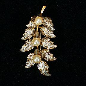 Cascading Pin or Brooch - Damascene Leaves with Faux Pearls