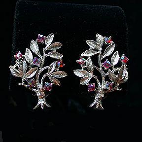 Dodds Silvertone and Pink Rhinestone Tree Clip Earrings