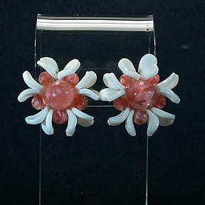 Pink and White Glass Bead West German Clip Earrings