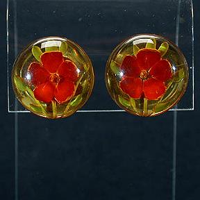 Vintage Earrings - Red Flowers in Lucite