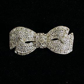 Large Silvertone Filigree and Rhinestone Bow Pin