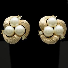 Trifari Goldtone Faux Pearl and Rhinestone Clip Earrings