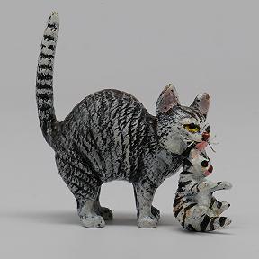 Miniature Vienna Bronze of Cat Carrying Kitten 1970