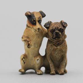 Antique Miniature Vienna Bronze of Two Dog Friends Pug and Jack Russell