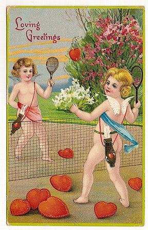 Vintage Valentine Postcard Cupids Playing Tennis 1911