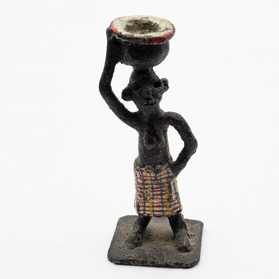 African Akan Ashanti Metal Figurine of Woman with Bowl on Head Ethnographic Folk Art
